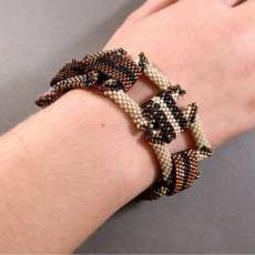 Brown, Pink, Cream, and Black Linked Squares Peyote Bracelet