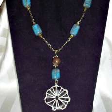 Long Turquoise and Wood Neck Chain with Hemp Wrapped Focal Ring