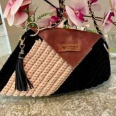 Black and Beige Handcrafted Crochet Envelope Clutch with Leather