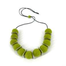 Lightweight green felted wool necklace with silver color metal square disk spacer beads, handmade fe