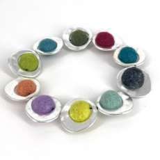 Multi color felt ball bracelet, light silver coated metal frame bead
