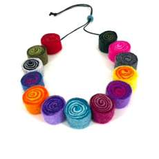 Multi color felted wool necklace, swirl textile art necklace, sushi necklace