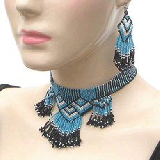 Blue Black Beaded Bib Necklace with matching earrings