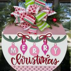Vintage Ornament Merry Christmas Pink 18" Round Wood Door Hanger/Wreath