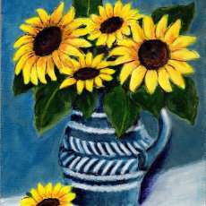 Sunflowers in Blue-n-White pitcher