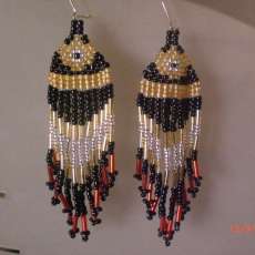 beaded earrings in black, gold & silver