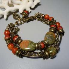 Unakite and Sponge Coral Bracelet with Brass