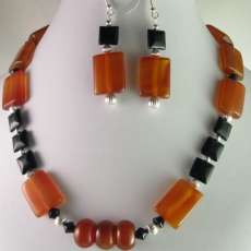 Red/Orange Agate with Black Onyx Beaded Necklace Jewelry Handcrafted Genuine Gemstone