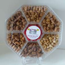 7 compartment Assortment of Almonds, Cashews, French Burnt Peanuts, Pecans and Salted Cashews