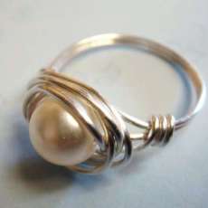 Vintage Glass Pearl Bead Sterling Silver Wire Wrapped Ring