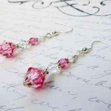 Pink and White Bicone and Round Swarovski Crystal Earrings with Metal Spacers and Silver Bead Caps
