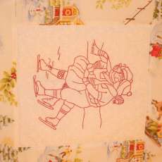 Skating Sweethearts Embroidered Redwork Wallquilt