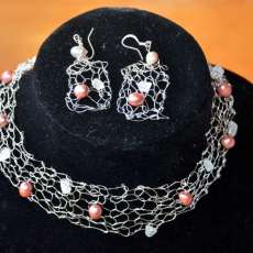 Pink freshwater pearl necklace, bangle and dangle earrings