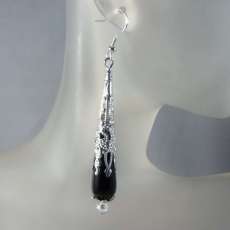 Black Agate Filigree Silver Capped Earrings with Swarovski Crystal