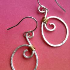 Hammered silver plated earrings with brass wire wrap