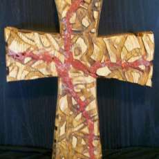 Solid oak cross with red coral inlays