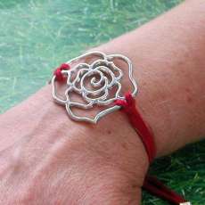 Chic Red Suede Leather and Silver Rose Bracelet