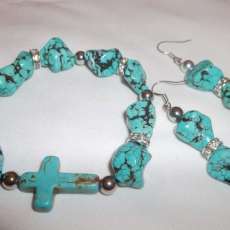 Handmade Turqouise/Silver Cross Bracelet and Earring set