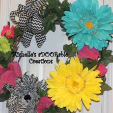 Gerbera Daisy Wreath, Giant Wonderland Gerbera Daisy Grapevine Turquise Yellow and Zebra Wreath