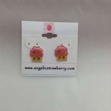 Pink Tuft Frosting with Little Strawberry Cupcake Earrings -OOAK shrink film cute muffin inspired ka