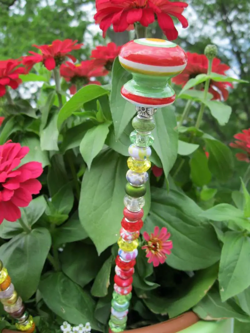Beaded Garden Plant Stake in Green, Red and Yellow Dazzle Designs